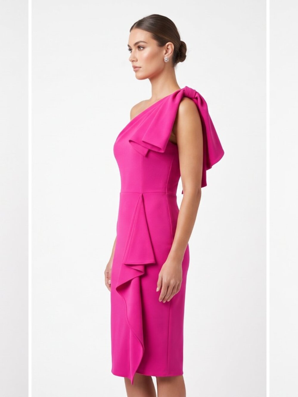 Betsy & Adam Blush One Shoulder Midi Dress Size 6 Ruffle Sheath Cocktail Formal